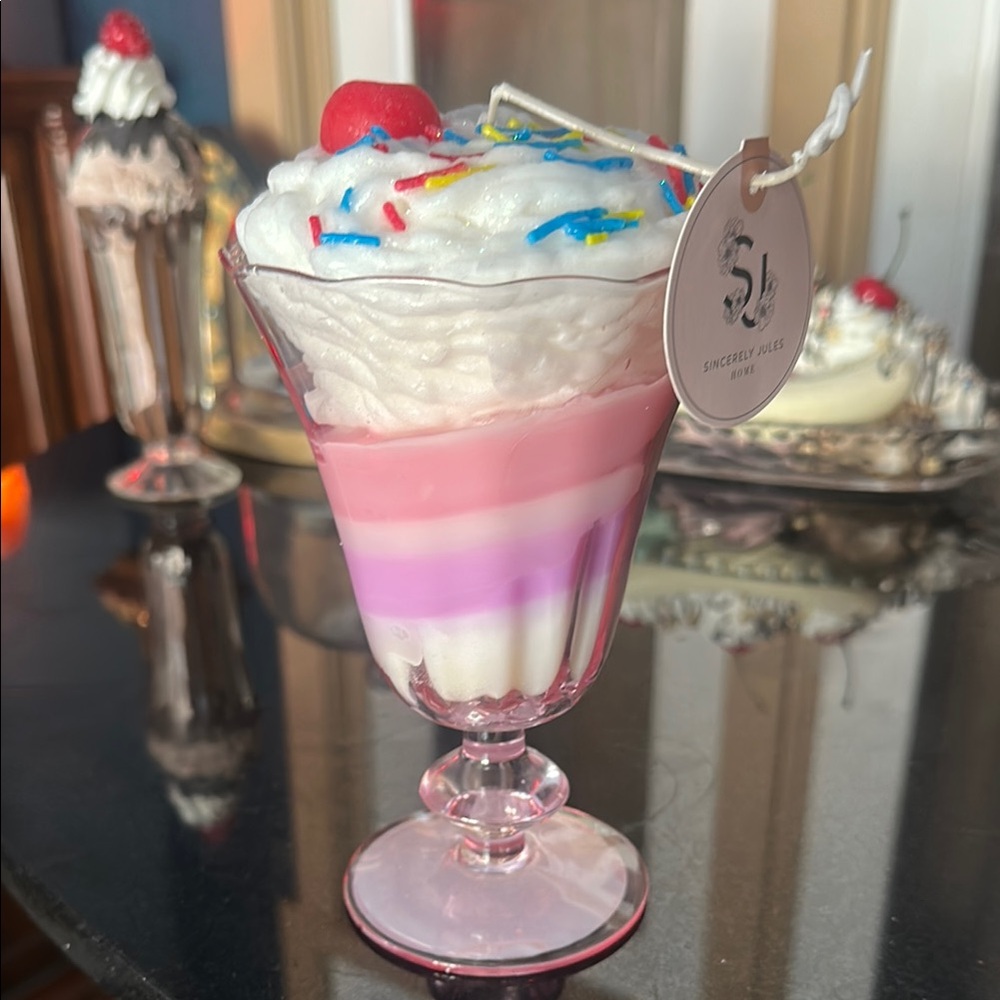 Sincerly Jules Pink and White Faux Strawberry Milkshake w/ whip candle in glass